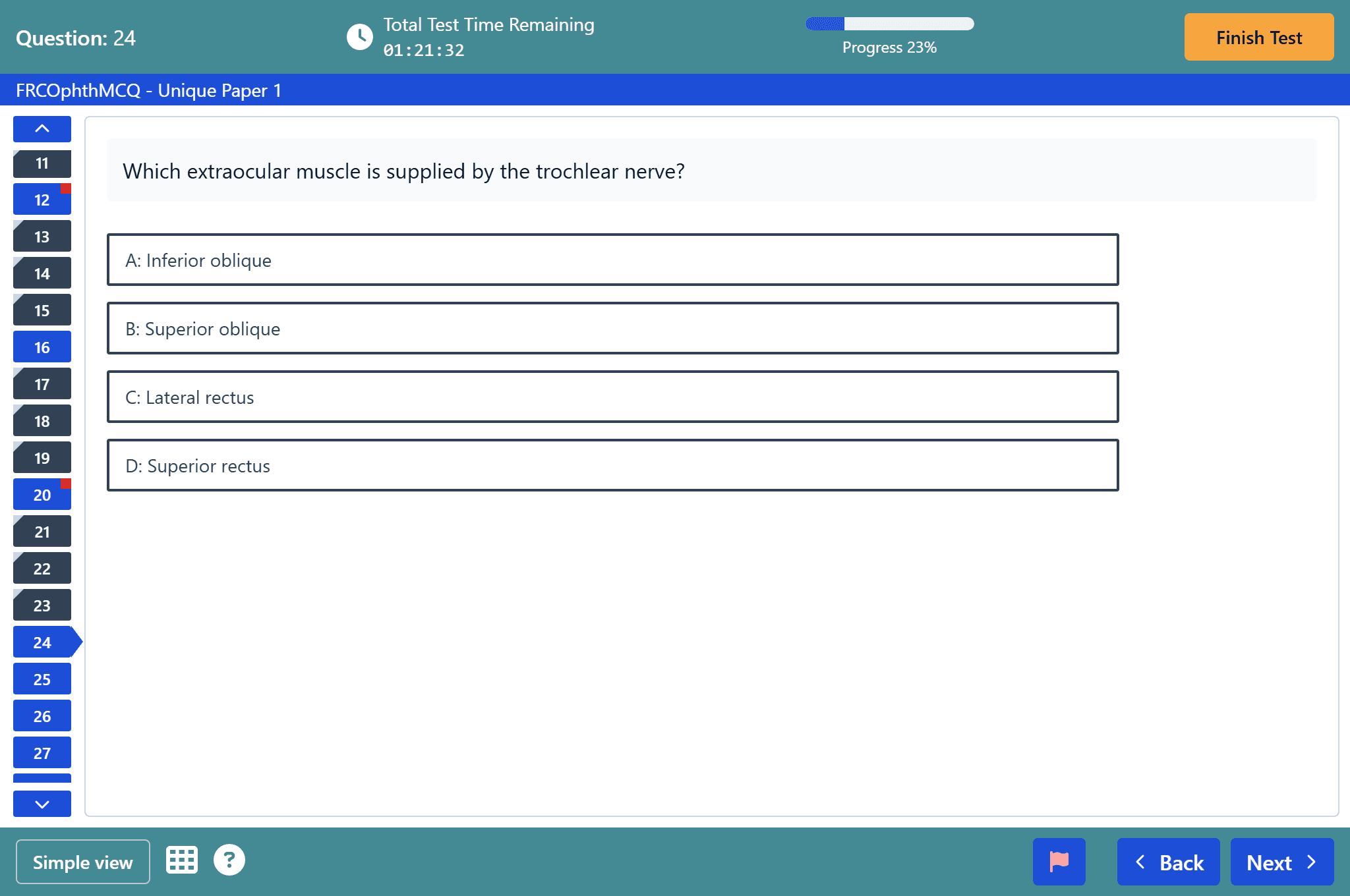 The exam screen, with numbered question tabs down the left, a countdown timer and a flag button
