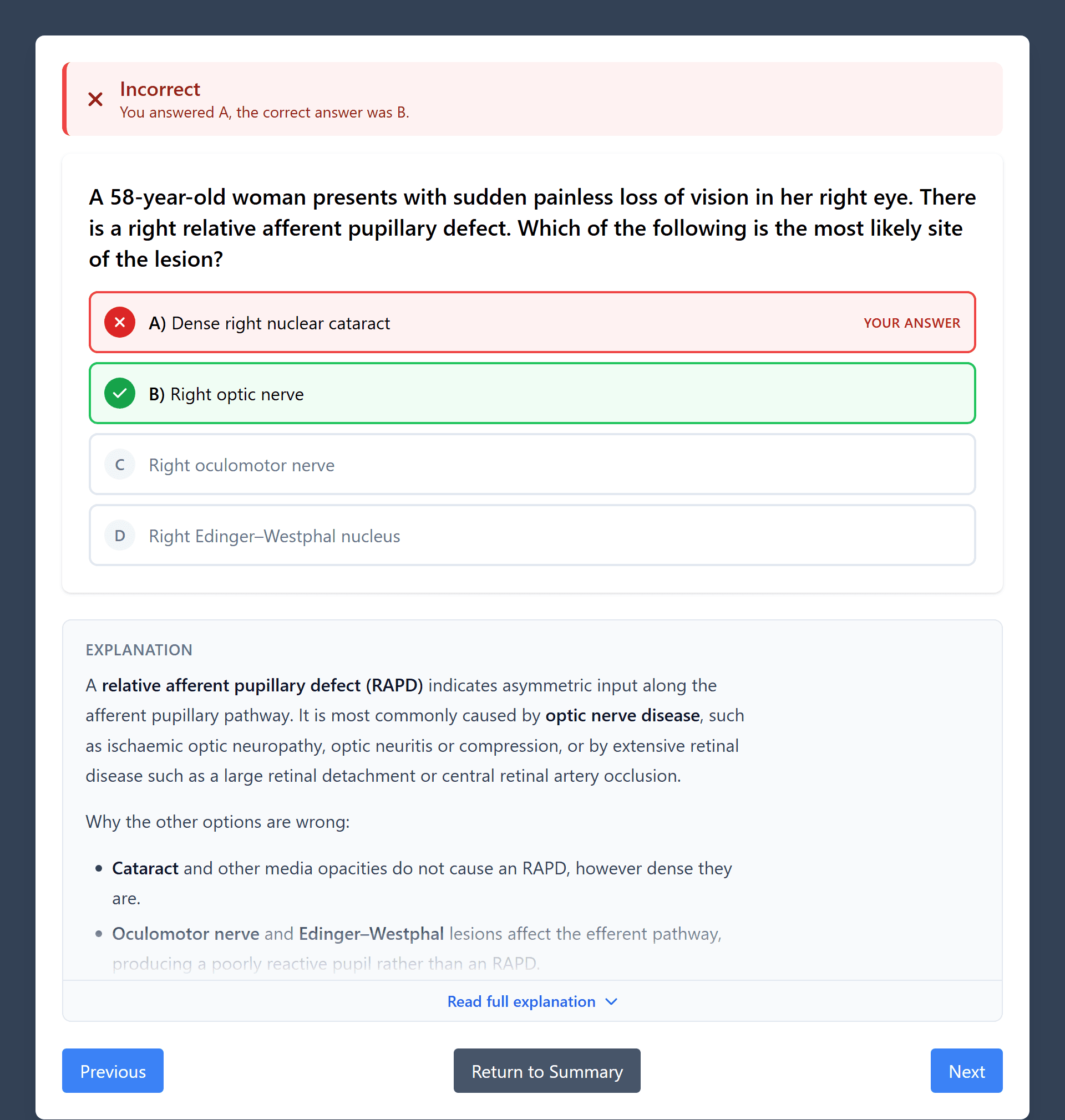Reviewing an answer: the chosen and correct answers are highlighted, followed by an explanation